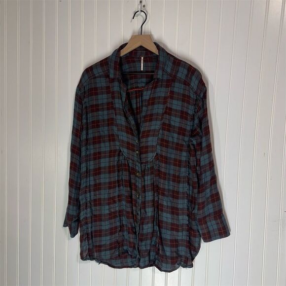 Free People Plaid Button Blouse M Wool Blend Grunge Cottagecore Boho Fall Shirt - Picture 1 of 10